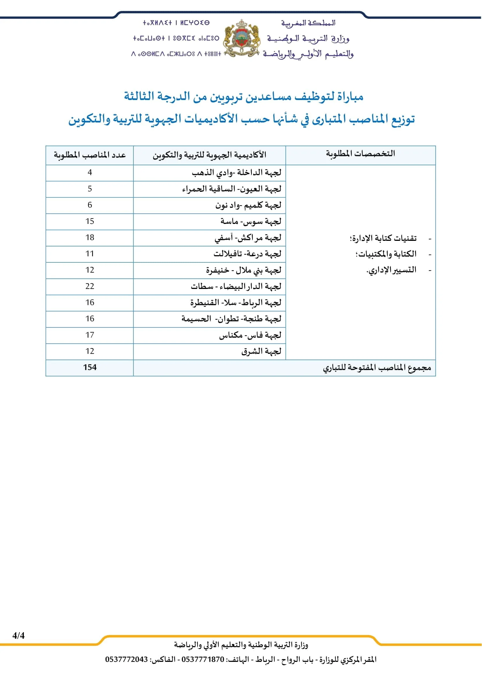 وزارة التربية الوطنية والتعليم الأولي والرياضة: مباراة توظيف 154 مساعد تربوي من الدرجة الثالثة